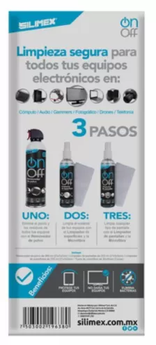 Kit Limpieza On-off Silimex, Aire 660ml Locion Superficies 250ml, Limpia Pantallas 250ml Y 2 Microfibras